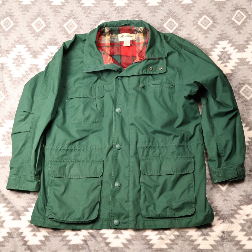 VTG Eddie Bauer Mens Large Olive Green Plaid Lined Field Jacket Utility Coat